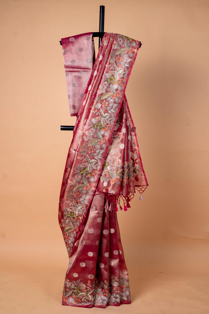 Magenta Tissue Designer Embroidery Premium Banarasi Saree