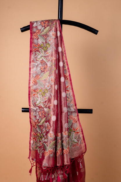 Magenta Tissue Designer Embroidery Premium Banarasi Saree