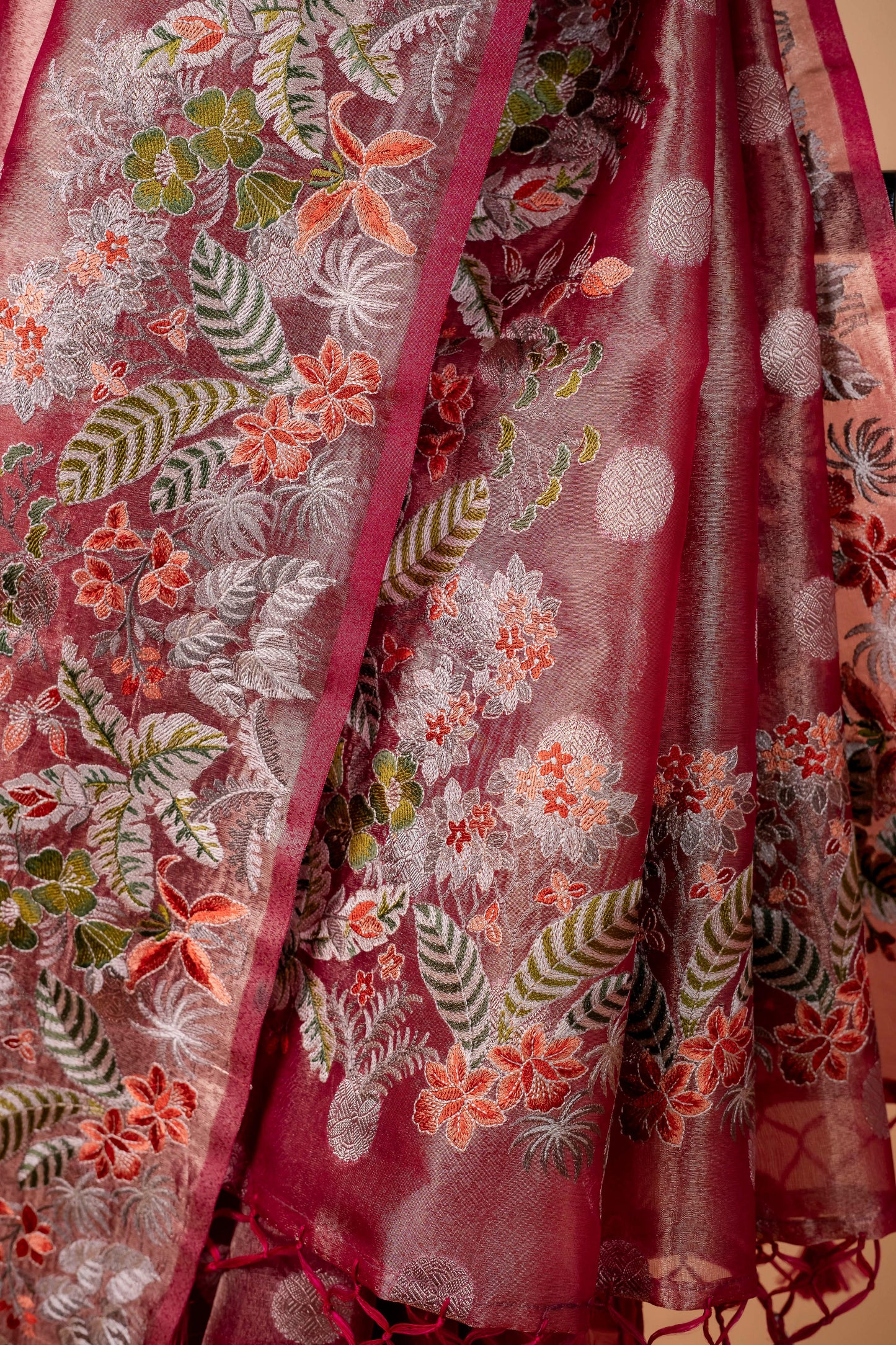 Magenta Tissue Designer Embroidery Premium Banarasi Saree