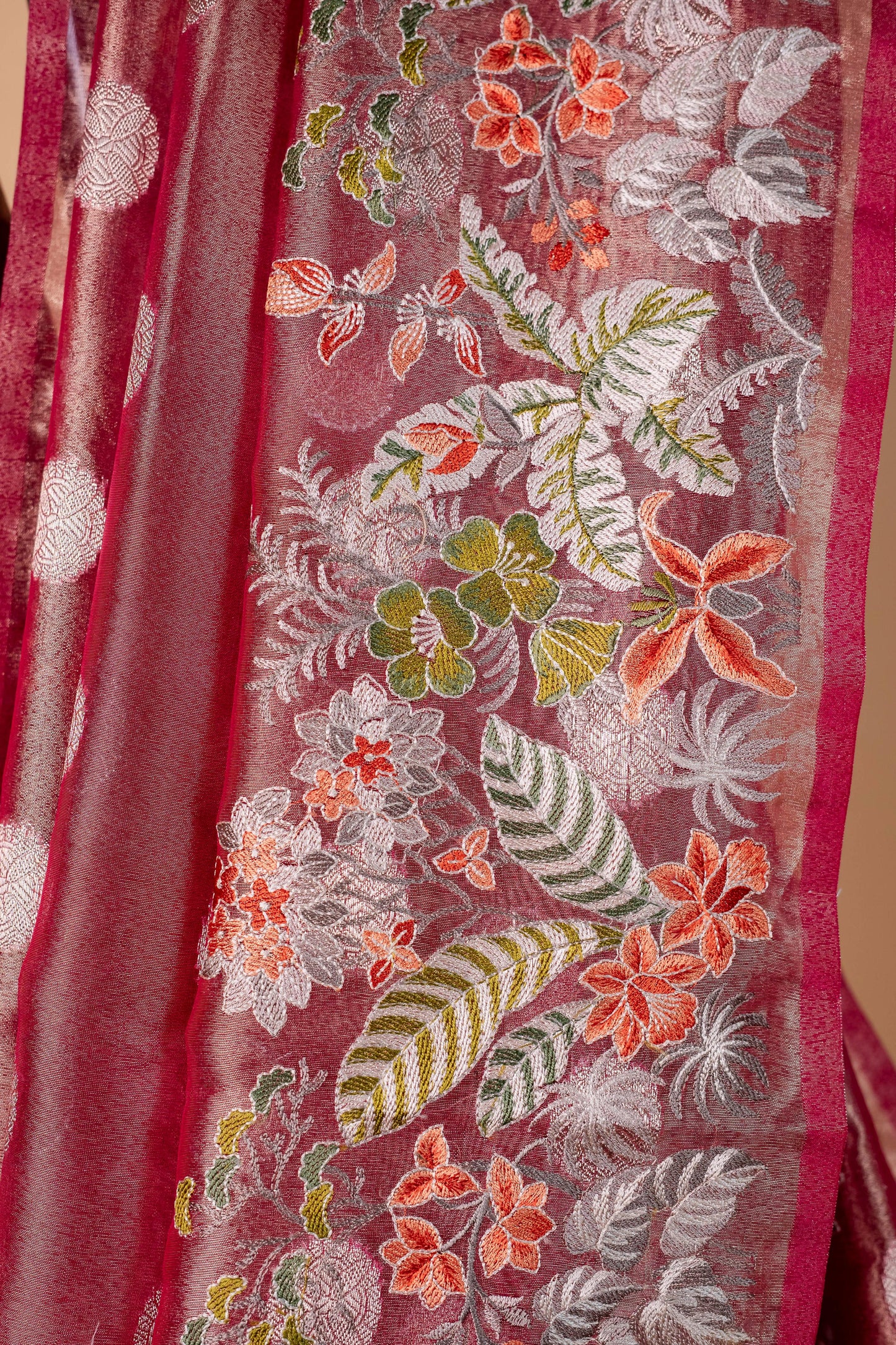 Magenta Tissue Designer Embroidery Premium Banarasi Saree