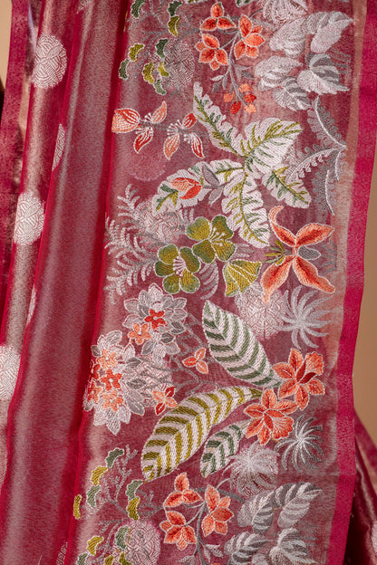 Magenta Tissue Designer Embroidery Premium Banarasi Saree