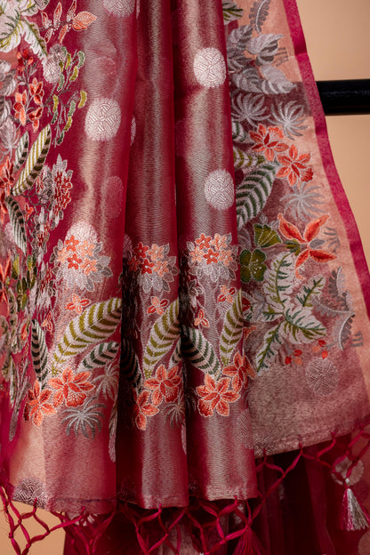 Magenta Tissue Designer Embroidery Premium Banarasi Saree