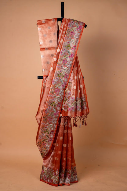 Magenta Tissue Designer Embroidery Premium Banarasi Saree