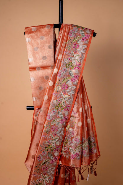 Orange Tissue Designer Embroidery Premium Banarasi Saree