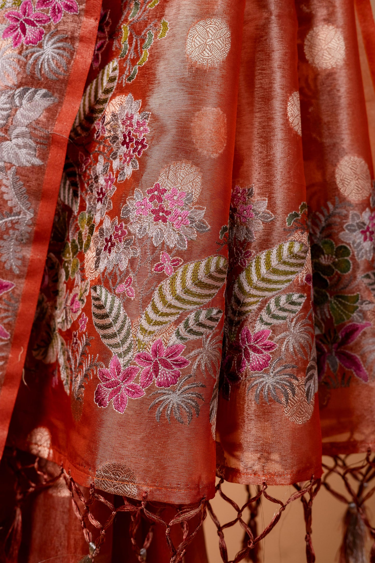 Orange Tissue Designer Embroidery Premium Banarasi Saree