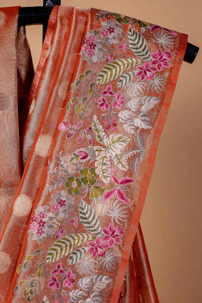 Orange Tissue Designer Embroidery Premium Banarasi Saree