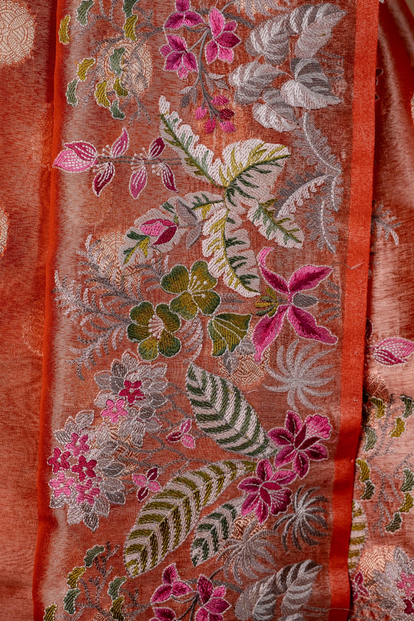 Orange Tissue Designer Embroidery Premium Banarasi Saree