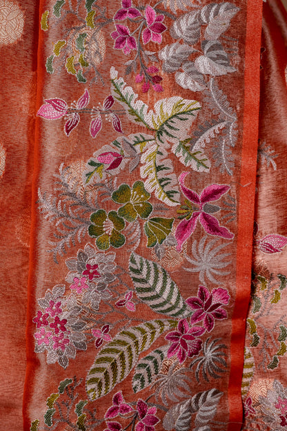 Orange Tissue Designer Embroidery Premium Banarasi Saree