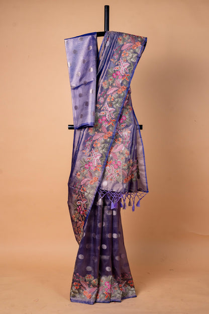 Blue Tissue Designer Embroidery Premium Banarasi Saree