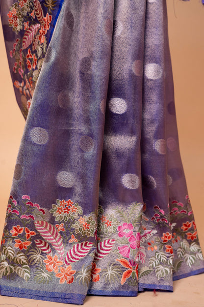 Blue Tissue Designer Embroidery Premium Banarasi Saree