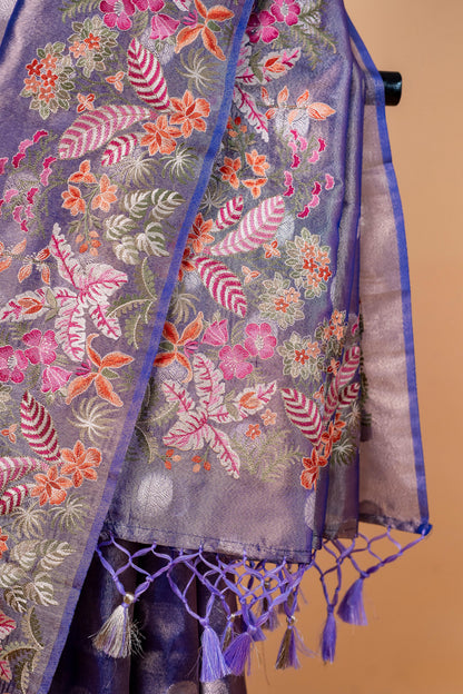 Blue Tissue Designer Embroidery Premium Banarasi Saree