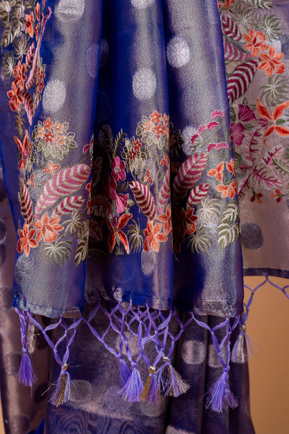 Blue Tissue Designer Embroidery Premium Banarasi Saree