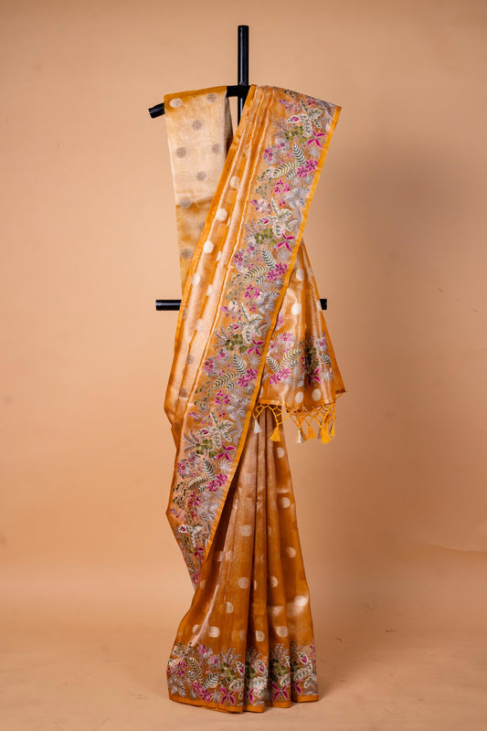 Mustard Tissue Designer Embroidery Premium Banarasi Saree
