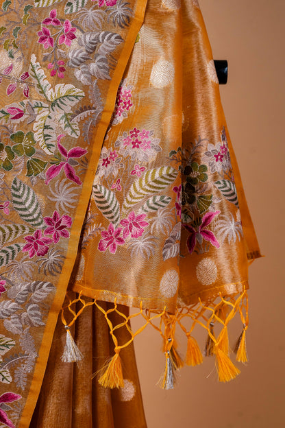 Mustard Tissue Designer Embroidery Premium Banarasi Saree