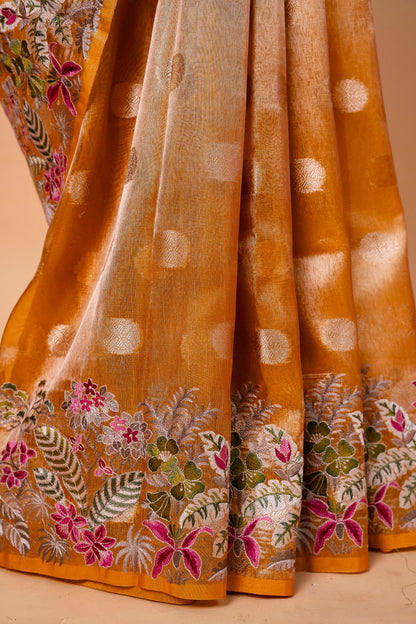 Mustard Tissue Designer Embroidery Premium Banarasi Saree