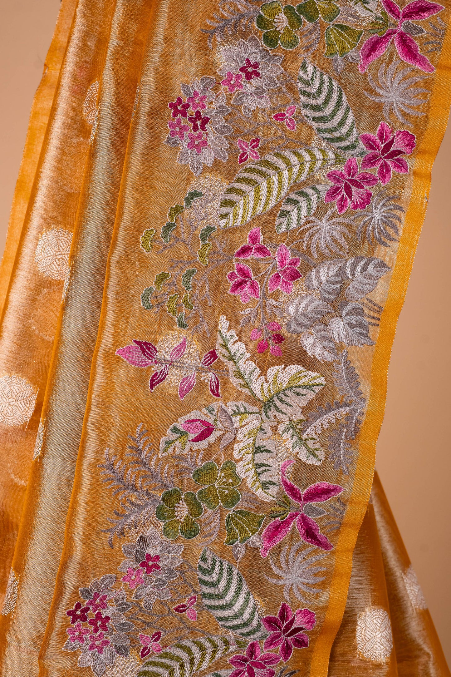 Mustard Tissue Designer Embroidery Premium Banarasi Saree