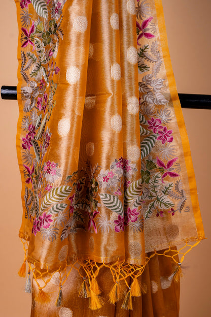 Mustard Tissue Designer Embroidery Premium Banarasi Saree