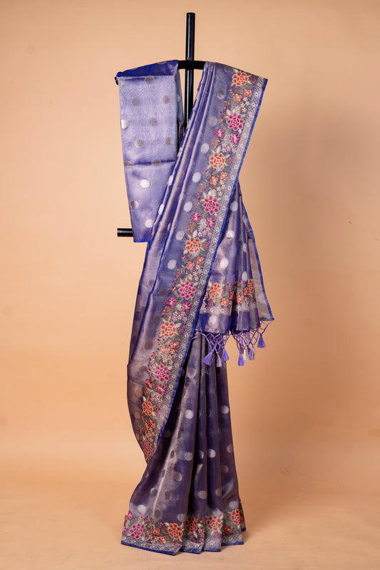 Blue Tissue Designer Embroidery Premium Banarasi Saree