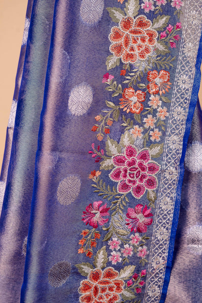 Blue Tissue Designer Embroidery Premium Banarasi Saree
