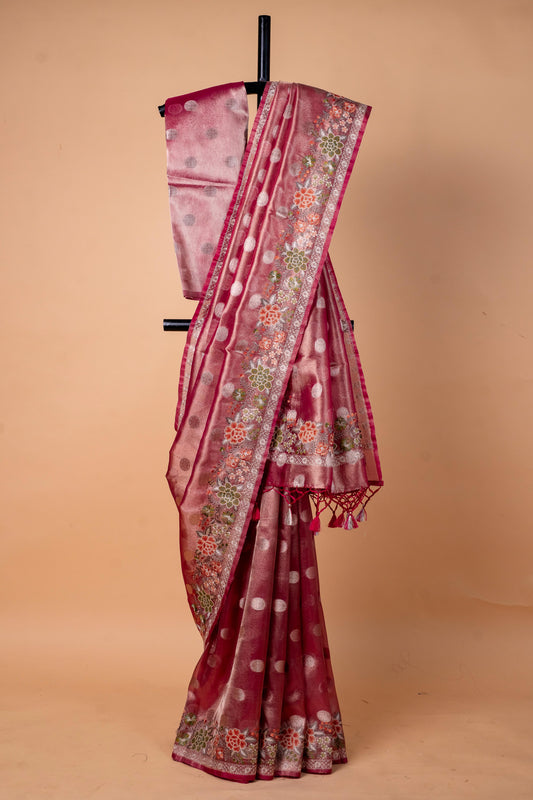 Pink Tissue Designer Embroidery Premium Banarasi Saree