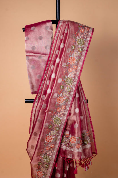 Pink Tissue Designer Embroidery Premium Banarasi Saree