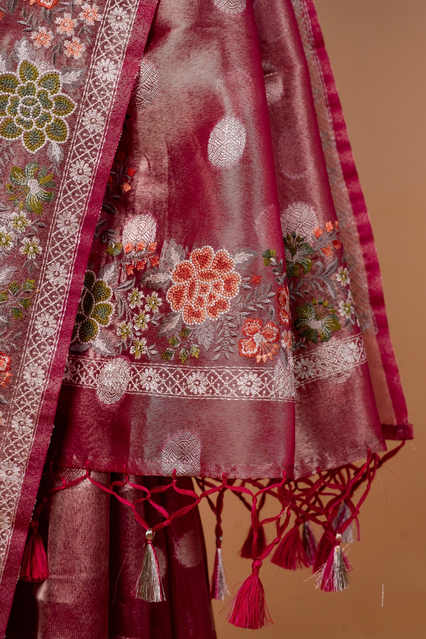 Pink Tissue Designer Embroidery Premium Banarasi Saree