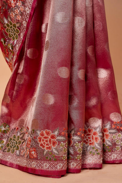 Pink Tissue Designer Embroidery Premium Banarasi Saree