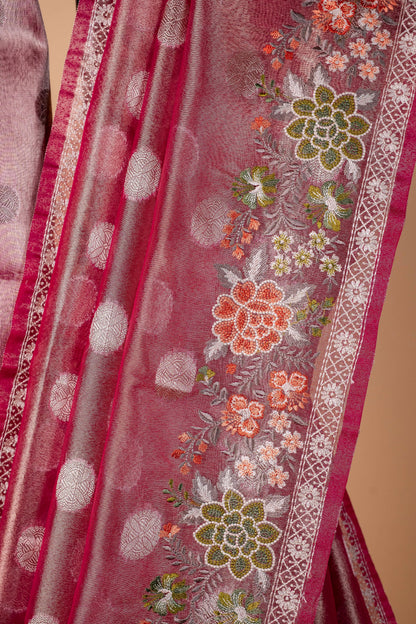 Pink Tissue Designer Embroidery Premium Banarasi Saree