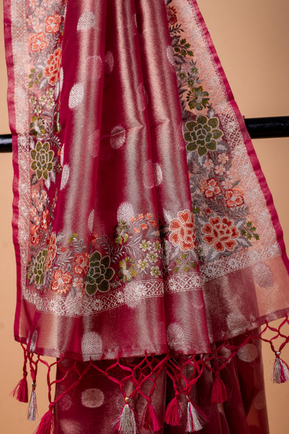 Pink Tissue Designer Embroidery Premium Banarasi Saree