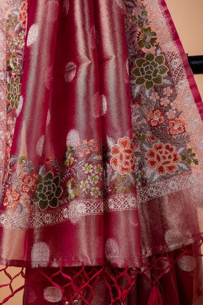 Pink Tissue Designer Embroidery Premium Banarasi Saree