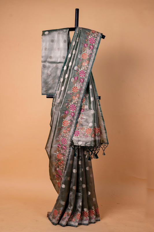 Bottle Green Tissue Designer Embroidery Premium Banarasi Saree