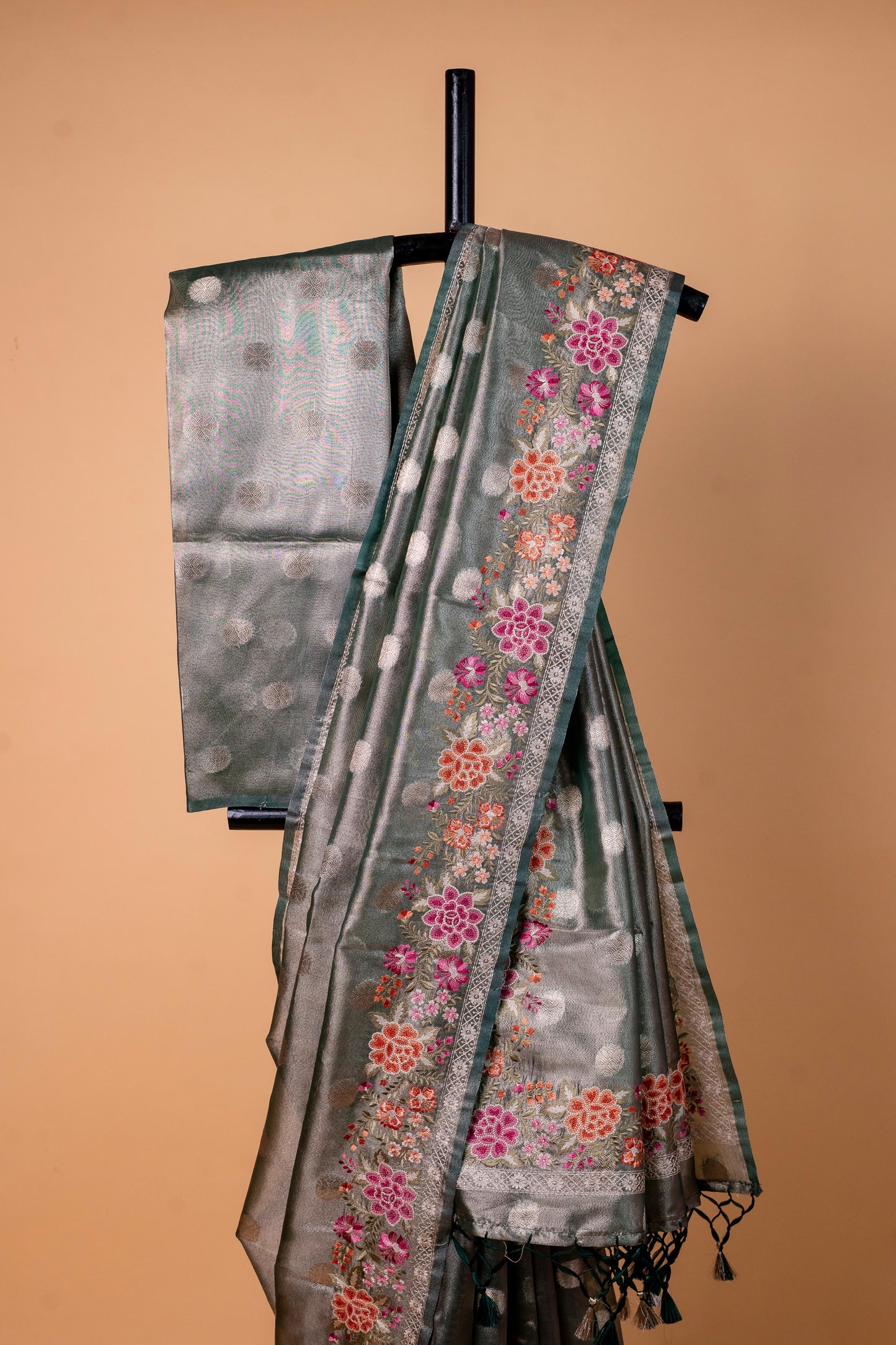Bottle Green Tissue Designer Embroidery Premium Banarasi Saree
