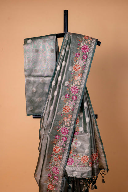 Bottle Green Tissue Designer Embroidery Premium Banarasi Saree