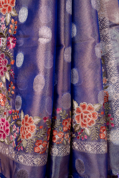 Blue Tissue Designer Embroidery Premium Banarasi Saree