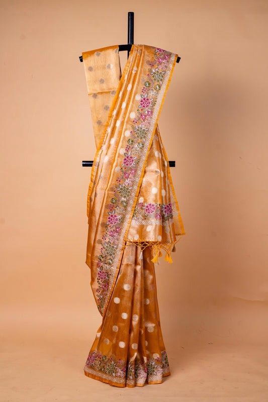 Gold Tissue Designer Embroidery Premium Banarasi Saree