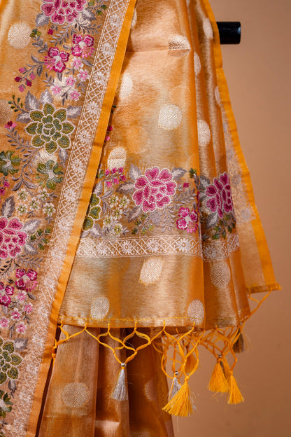 Gold Tissue Designer Embroidery Premium Banarasi Saree