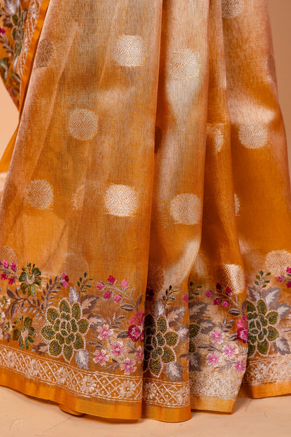 Gold Tissue Designer Embroidery Premium Banarasi Saree