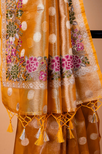 Gold Tissue Designer Embroidery Premium Banarasi Saree