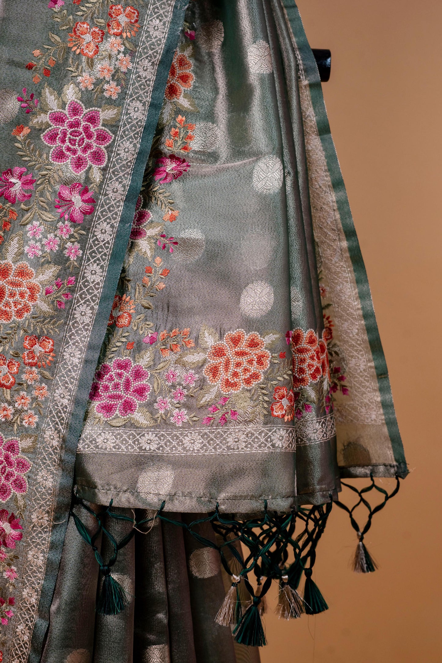 Bottle Green Tissue Designer Embroidery Premium Banarasi Saree