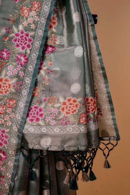 Bottle Green Tissue Designer Embroidery Premium Banarasi Saree