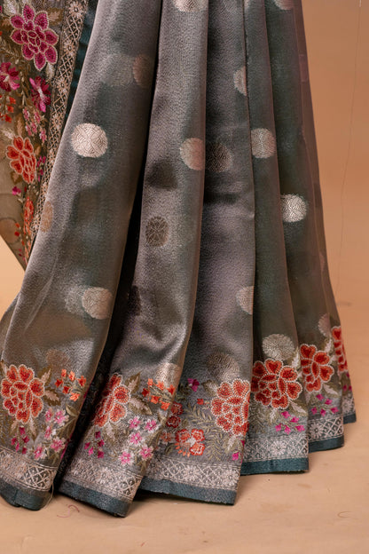 Bottle Green Tissue Designer Embroidery Premium Banarasi Saree