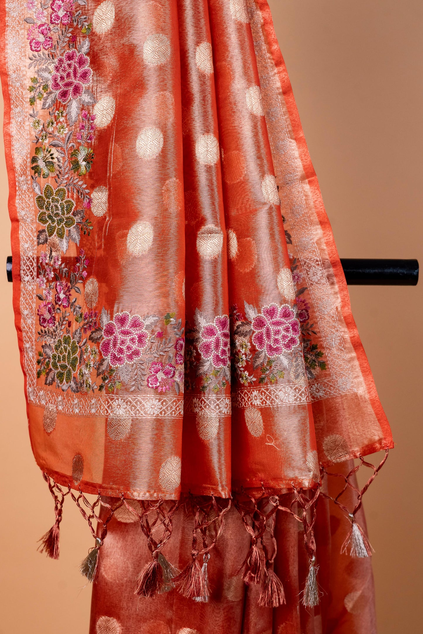 Orange Tissue Designer Embroidery Premium Banarasi Saree