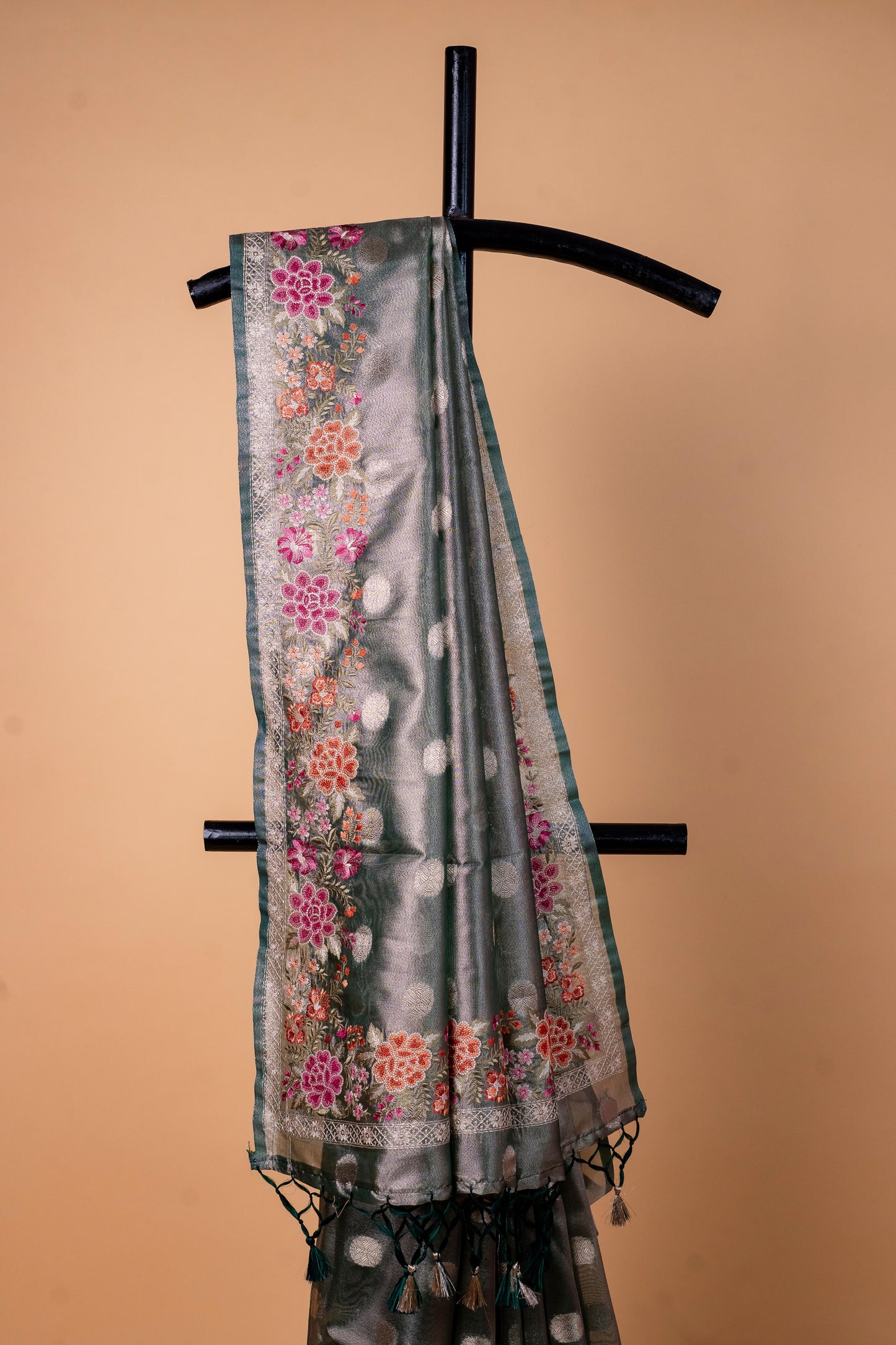 Bottle Green Tissue Designer Embroidery Premium Banarasi Saree