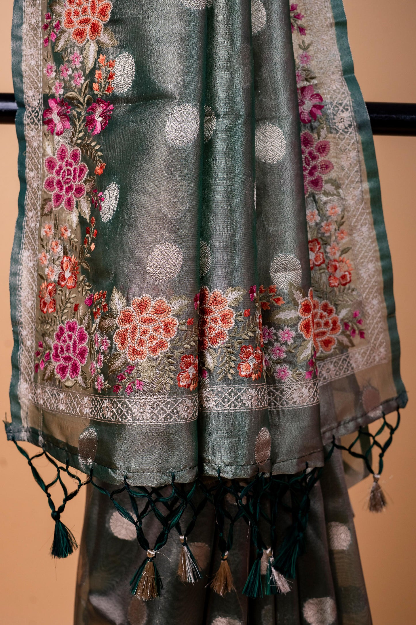 Bottle Green Tissue Designer Embroidery Premium Banarasi Saree