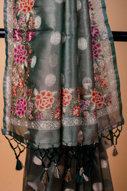 Bottle Green Tissue Designer Embroidery Premium Banarasi Saree