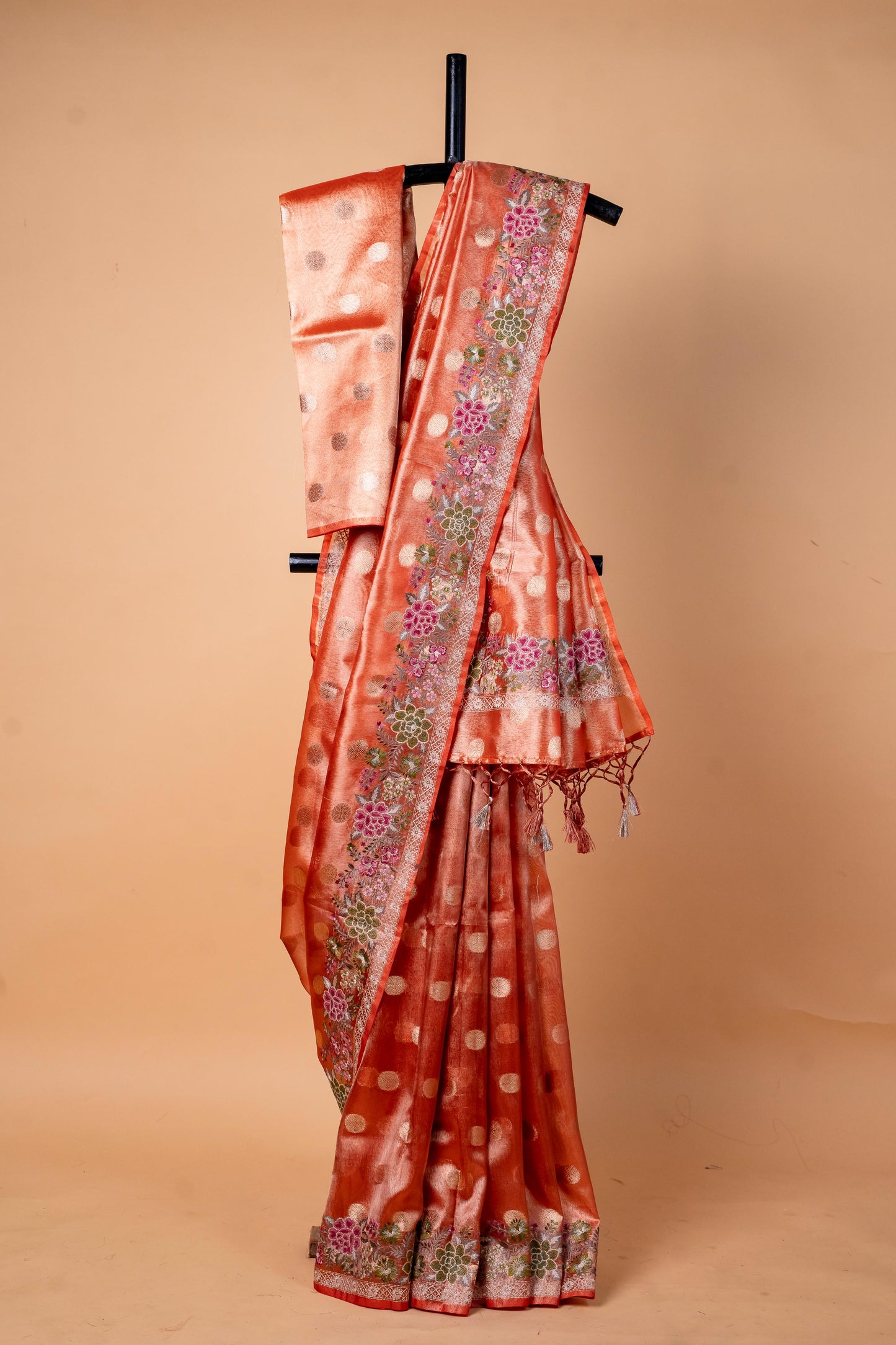 Orange Tissue Designer Embroidery Premium Banarasi Saree