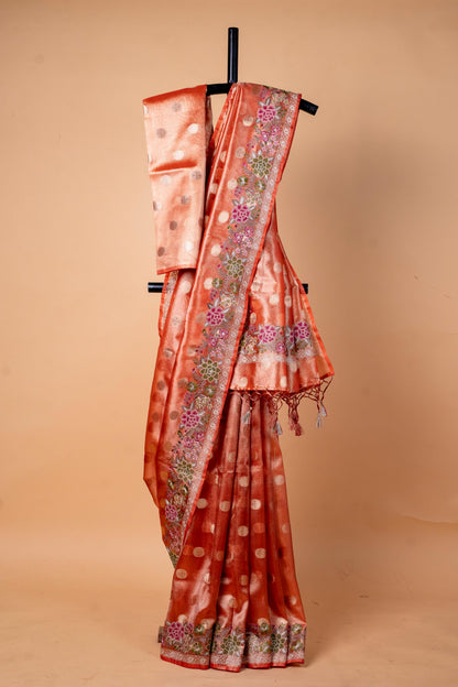 Orange Tissue Designer Embroidery Premium Banarasi Saree