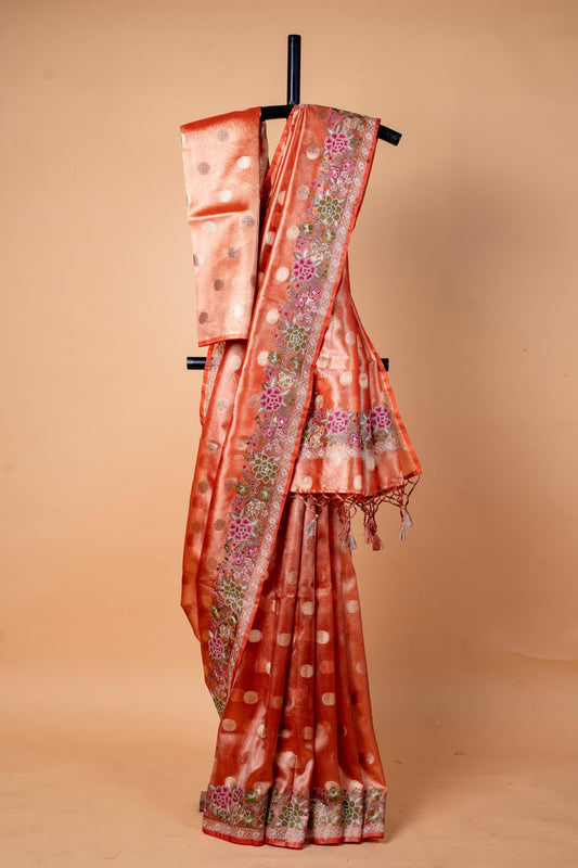 Orange Tissue Designer Embroidery Premium Banarasi Saree