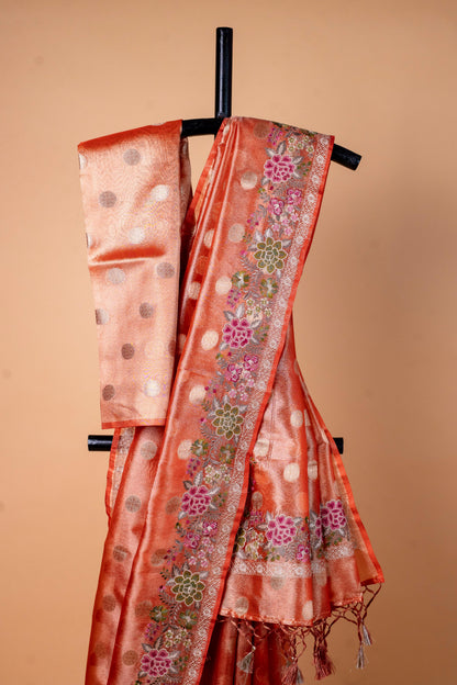 Orange Tissue Designer Embroidery Premium Banarasi Saree