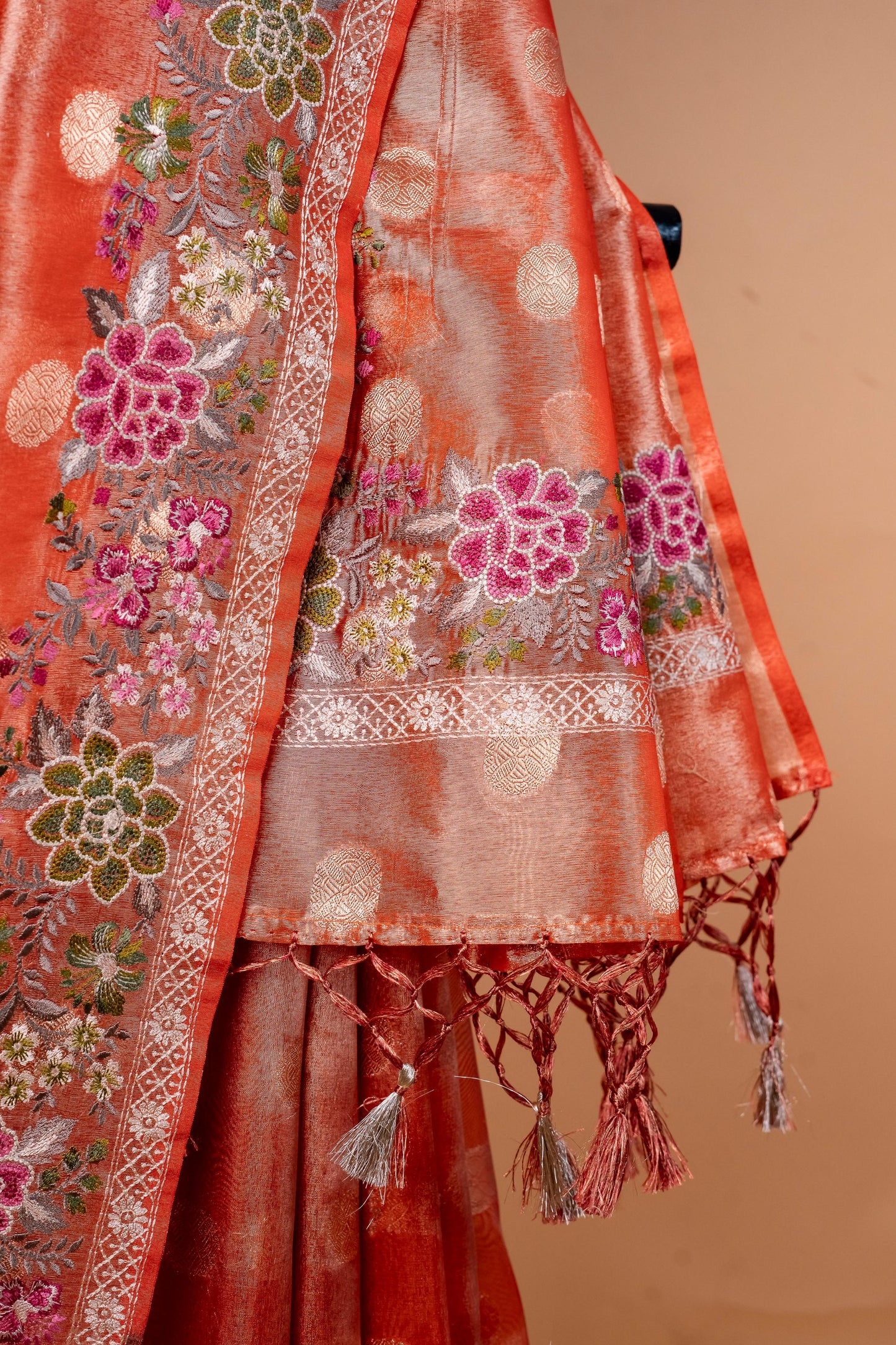 Orange Tissue Designer Embroidery Premium Banarasi Saree